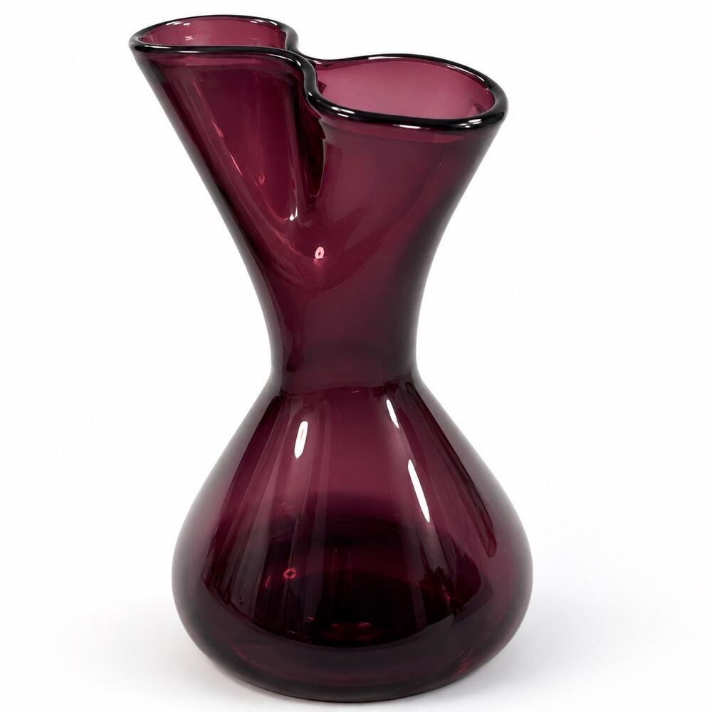 Vintage Amethyst Purple Art Glass Vase Hand Blown Folded Ruffle Rim 8 Inch Decor